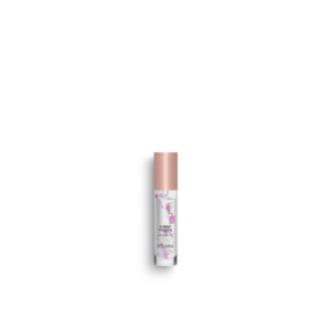 Flasche mit Lippenpflegeöl, durchsichtig mit eingelegten Blüten, rosa Deckel, Etikett ‚Flower Infusion‘.