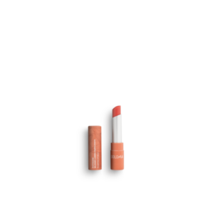 Ein Lippenbalsam in einem orangefarbenen Verpackungsrohr mit einer schmalen, abgerundeten Kappe.