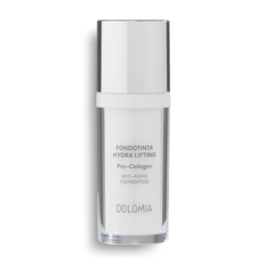 Weißer Flakon mit silbernem Deckel, beschriftet mit "Fondotinta Hydra Lifting Pro-Collagen Anti-Aging Foundation".