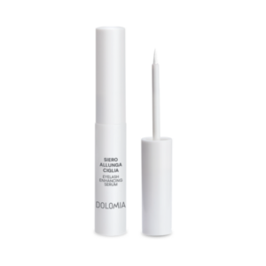 Weißer Flakon mit einem Wimpernserum und feiner Applikatorspitze, beschriftet mit 'Siero allunga ciglia' und 'DOLomia'.