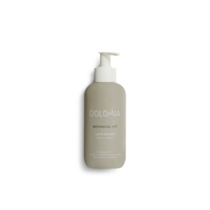 Pumpe-Flasche mit hellbeiger Verpackung und Aufschrift 'Dolomia Botanical Fit Latte Setoso'
