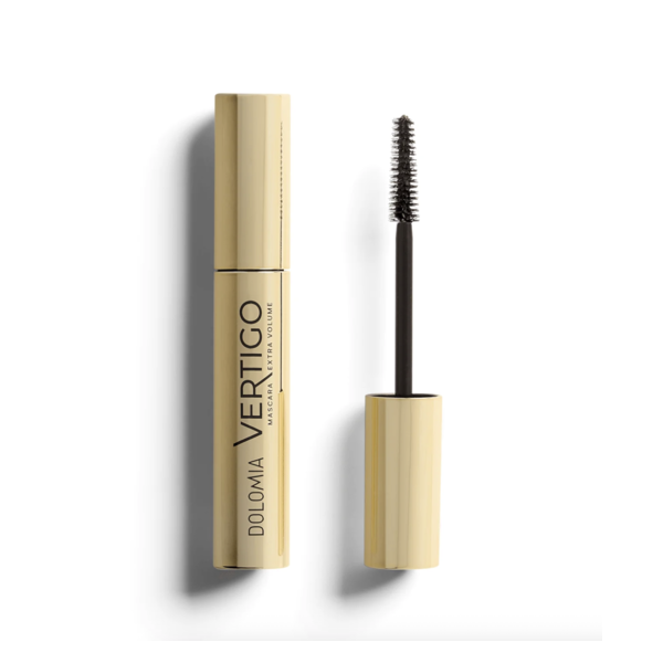 Eine goldfarbene Mascara-Verpackung von Dolomia mit einem schwarzen Applikatorbürstchen daneben.