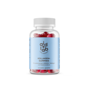 Eine transparente Flasche mit rotem Gummibärchen-Packung, etikettiert mit "KOLLAGEN+ GUMMIES" und Produktinformationen.