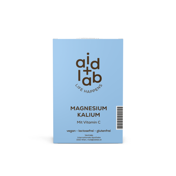 Verpackung eines Nahrungsergänzungsmittels für Magnesium und Kalium mit Vitamin C, in hellblauer Box.