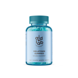 Transparente Flasche mit blauen Melatonin-Gummibärchen, beschriftet mit 'aidlab' und Informationen über die Inhaltsstoffe.