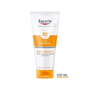 Eucerin Sonnencreme mit hoher Lichtschutzfaktor 50+, trockenes Hautgefühl, 200 ml Tube, orange-graues Design.