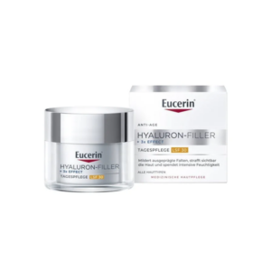 Eucerin Hyaluron-Filler Tagespflege in einem transparenten Tiegel mit silbernem Deckel, verpackt in einer weißen Box mit rotem Logo.