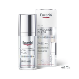 Glasflasche mit Eucerin Hyaluron-Filler Epigenetic Serum in einer schützenden Verpackung, anti-aging Produkt.