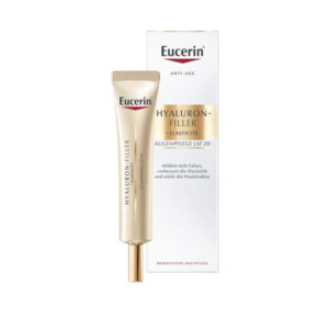 Eucerin Hyaluron-Filler Augenpflege mit Lichtschutzfaktor 20 in einer goldenen Tube und Kartonverpackung.