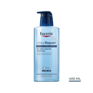 Flasche Eucerin Urea Repair Duschgel mit 5% Urea, Inhalt 400 ml, für trockene, juckende Haut.