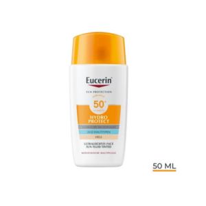 Eucerin Hydro Protect Sonnenfluid für das Gesicht, mit Lichtschutzfaktor 50+, in einer weißen Flasche mit orangefarbenem Deckel.