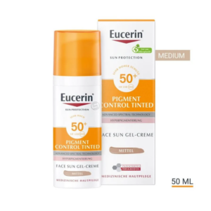 Eucerin Gesichts-Sonnencreme mit Lichtschutzfaktor 50+, gefärbte Gel-Creme, Packung in Orange und Weiß, 50 ml.