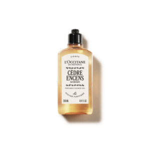 Flasche mit Duschgel von L'Occitane, Duft Cèdre Encens, klare Flüssigkeit, etiketiert mit 250 ml.