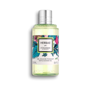 Transparente Flasche mit Duschgel, floral gestaltet mit bunten Pflanzenmotiven und silberner Kappe.