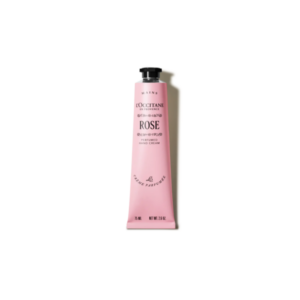 Rosa Handcreme von L'Occitane in einer schlanken Tube mit schwarzem Verschluss und elegantem Schriftzug