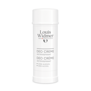 Weiße Deo-Creme von Louis Widmer in einem Stiftformat, ohne Alkohol, mit klarer Beschriftung.