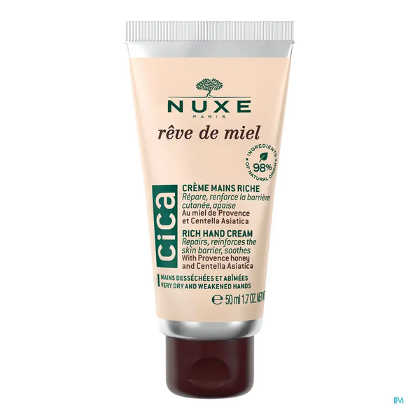 Tube einer reichhaltigen Handcreme von Nuxe, mit Angaben zur Reparatur und Beruhigung der Hautbarriere.