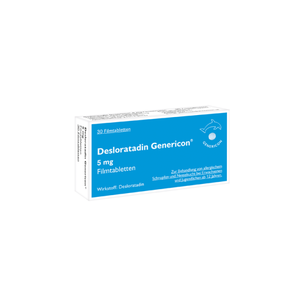 Blaues Medikamentenpackung mit 30 Filmtabletten, enthält Desloratadin zur Behandlung von Allergien.