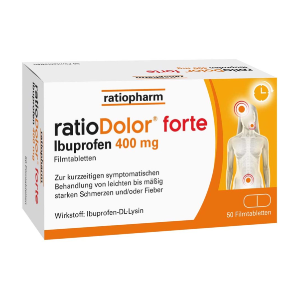 Verpackung von ratioDolor forte mit 400 mg Ibuprofen, zur Linderung von Schmerzen und Fieber.