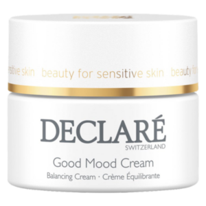 Eine weiße Cremepackung mit goldenen Akzenten, bezeichnet als "Good Mood Cream" von DECLARE für empfindliche Haut.