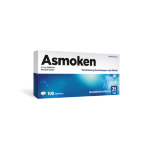 Verpackung von Asmoken, 100 Tabletten à 1,5 mg Cytisin zur Verringerung des Nikotinsverlangens, mit Hinweis auf Behandlungsdauer.