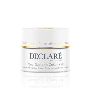 Weiße Creme mit goldener Kappe von DECLARE, betitelt "Youth Supreme Cream Rich" für empfindliche Haut.