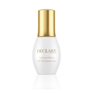 Hyaluron Boost Selbstbräuner-Konzentrat in einer weißen Flasche mit goldfarbenem Deckel und schriftlichen Details.