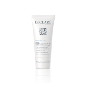 Tube mit BB Cream von Declare, 50 ml, für normale und ölige Haut, enthält LSF 30, mit mattem Effekt.