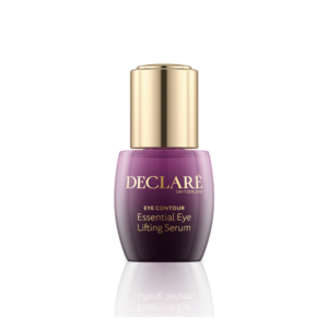 Lila Flasche mit goldener Verschlusskappe, enthält Augenserum von Declare, deutliche Beschriftung vorhanden.