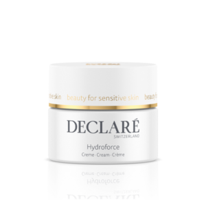 Weißer Jar mit goldener Kante und schwarzer Beschriftung, enthält die Hydroforce-Creme für empfindliche Haut.