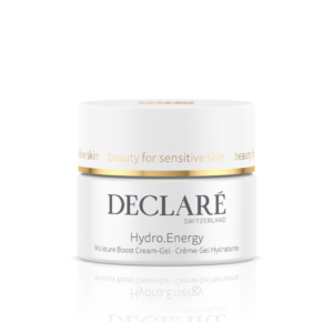 Helle Dose mit feuchtigkeitsspendendem Creme-Gel von DECLARE, geeignet für empfindliche Haut, mit goldener Schrift.