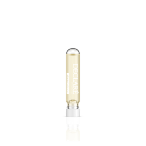 Transparente Glasflasche mit gelblichem Inhalt und Schraubverschluss, gekennzeichnet mit 'DECALRÉ SWITZERLAND stressbalance'.
