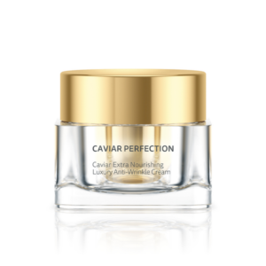 Gläserne Creme-Dose mit goldfarbenem Deckel, beschriftet mit "Caviar Perfection" für luxuriöse Anti-Aging-Pflege.