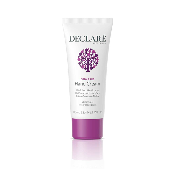 Tube mit Handcreme von Declare, UV-Schutz, 100 mL, für alle Hauttypen, mit lila Deckel.