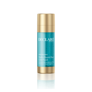 Transparente Flasche mit goldfarbenem Pumpverschluss, enthält Hydro Boost Duo Pflegefluid für intensive Feuchtigkeit.