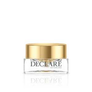 Eine Glastiegel mit goldener Kappe, beschriftet mit "DECLARE SWITZERLAND" und einem klaren Inhalt.