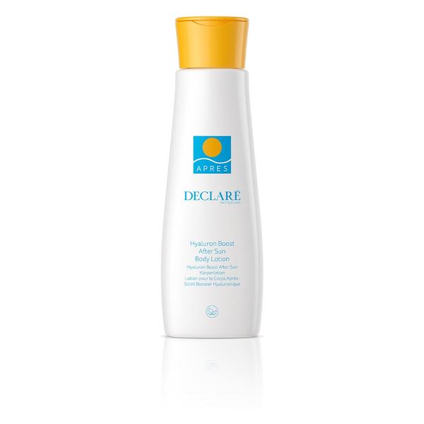 Weiße Flasche mit gelbem Deckel, enthält After-Sun-Lotion mit Hyaluron von DECLARE, für die Hautpflege nach dem Sonnenbad.