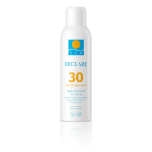 Sonnenspray in einer weißen Flasche mit blauem und orangefarbenem Logo, Lichtschutzfaktor 30, wasserfest, ölfrei.