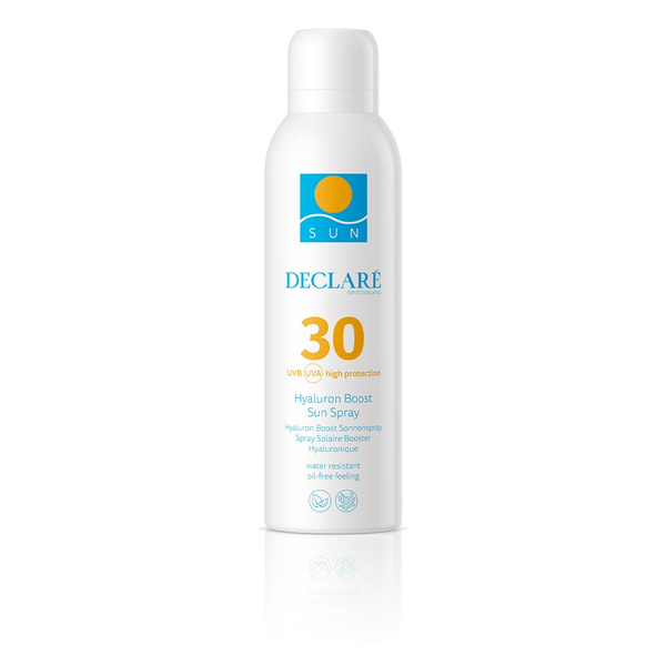 Sonnenspray in einer weißen Flasche mit blauem und orangefarbenem Logo, Lichtschutzfaktor 30, wasserfest, ölfrei.