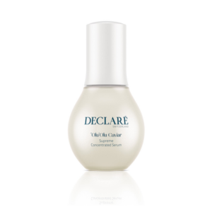 Flasche des DECLARE 'Olu'Olu Caviar Supreme Concentrated Serum mit rundlicher Form und weißem Pumpspender.