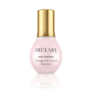 Flasche mit Collagen- und Elastin-Booster von Declare, rosa mit goldener Kappe, zur Hautalterungskontrolle.