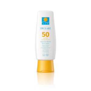 Sonnencreme in weißer Tube mit orangem Deckel, Schutzfaktor 50, wasserfest und ölfrei.