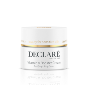 Weißes Tiegel mit goldenem Deckel, enthält Vitamin A Booster Cream von DECLARE, speziell für empfindliche Haut.