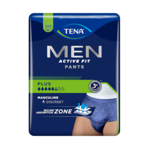 Verpackung von TENA MEN Active Fit Pants in Blau mit grünen Akzenten und Absorptionszone für diskrete Unterstützung.