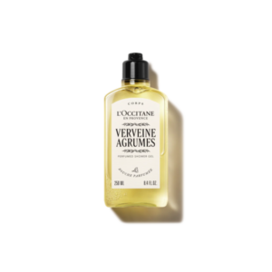 Transparente Flasche mit gelbem Duschgel von L'Occitane, etikettiert mit 'Verveine Agrumes'.