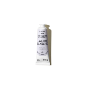 L'Occitane Lavande Blanche Handcreme in einer lilafarbenen Tube mit weißem Verschluss für duftende Pflege.