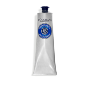 Aluminiumtube mit blauer Etikettierung, enthält Handcreme mit 20% Sheabutter für trockene Haut.