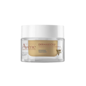 Glascremebehälter mit weißem Deckel, enthält festigende Tagescreme von Avène, 50 ml.