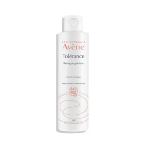 Flasche mit Avène Toleranz Reinigungs lotion für Gesicht und Augen, geeignet für empfindliche Haut.