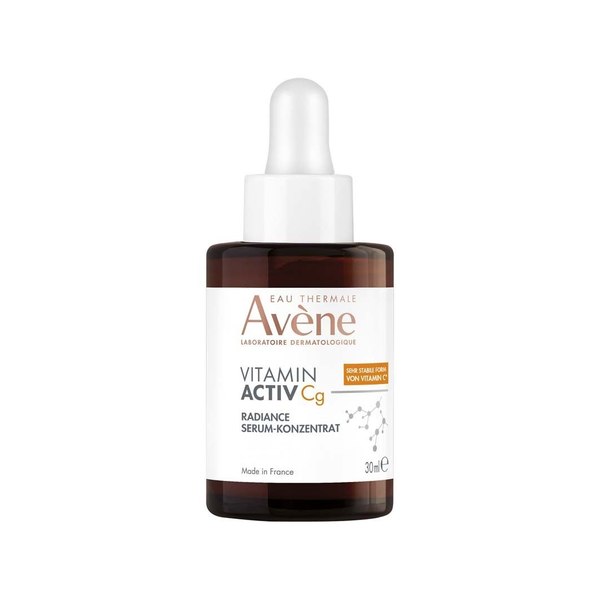 Braunes Fläschchen mit Pipette, Avène Vitamin Activ Cg Radiance Serum, 30 ml, mit weißen und orangefarbenen Details.